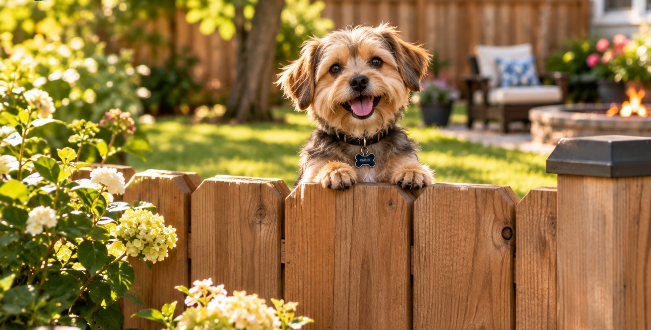 A small happy dog safely enjoying a fenced backyard