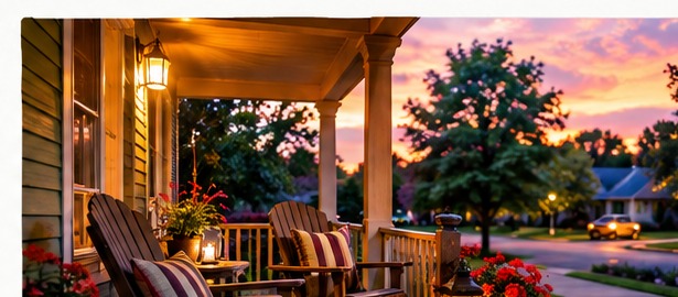 A comfortable front porch glowing at sunset in a neighborhood