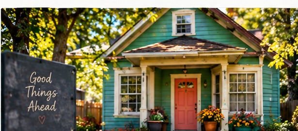 A colorful older home with a welcoming front porch