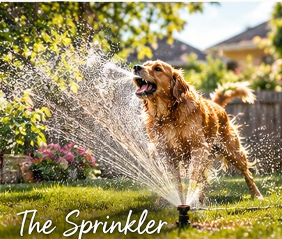 A backyard sprinkler watering the lawn on a sunny day