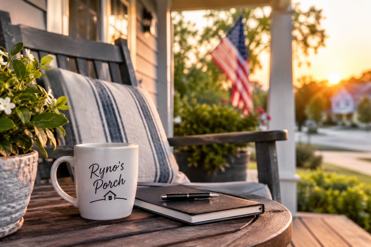 A warm front porch with a Ryno's Porch mug and journal